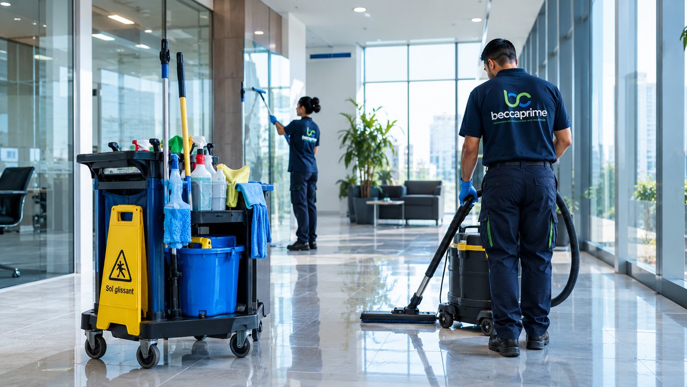Agents Beccaprime nettoyant un hall de bureaux avec chariot et aspirateur