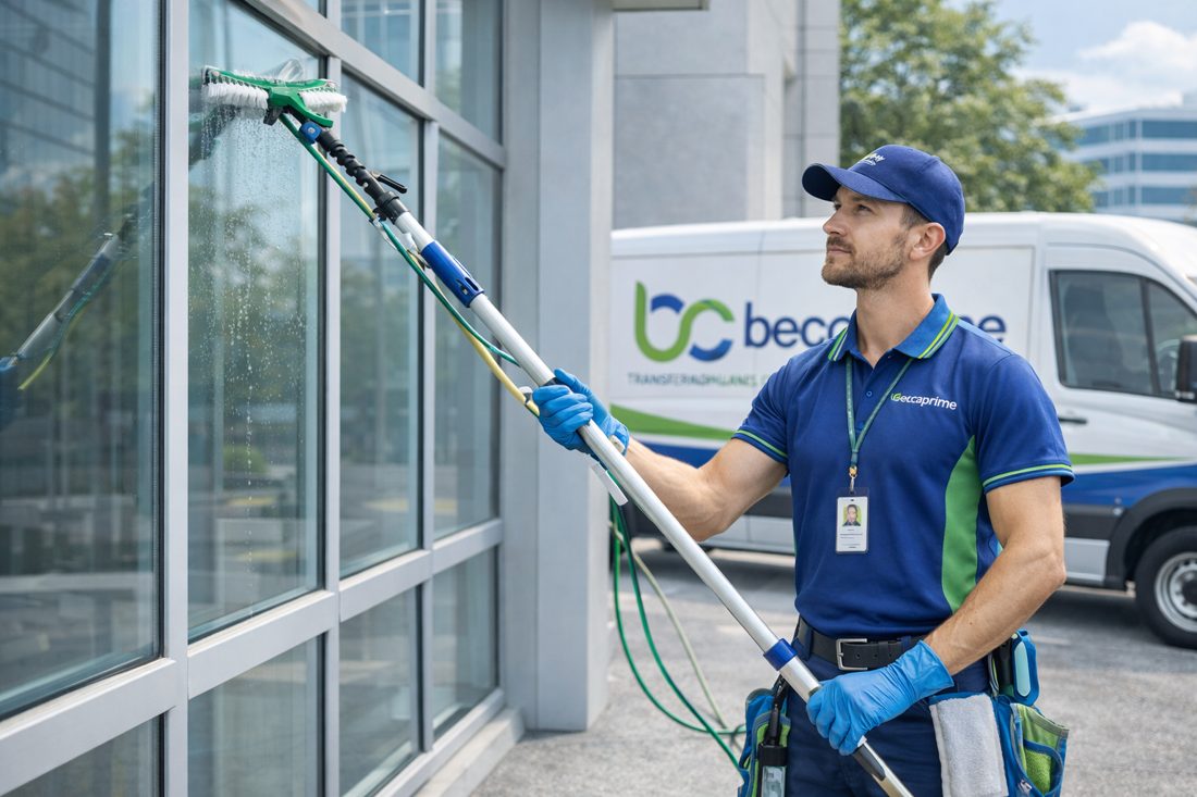 Technicien nettoyant une vitre avec une perche