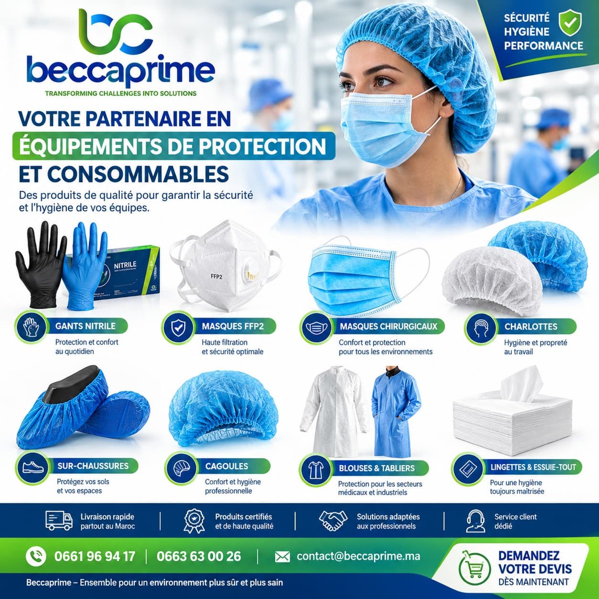 Affiche Beccaprime : équipements de protection et consommables